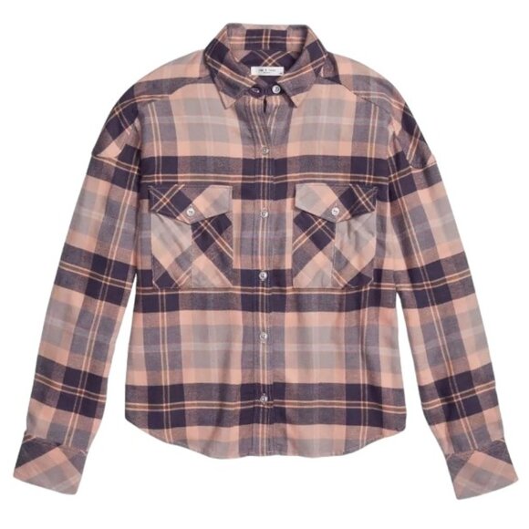Rag & Bone Cruz Cotton Blend Button Up Flannel Top in Pink Plaid - Picture 5 of 12